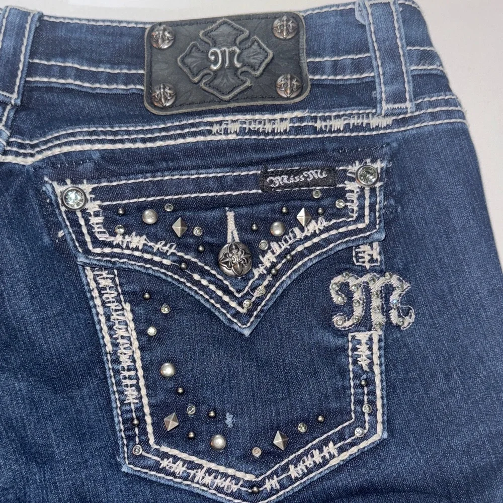 MISS ME Dark Indigo Easy Boot Cut‎ Jeans 29 Bedazzled Dark Blue Denim Rhinestone